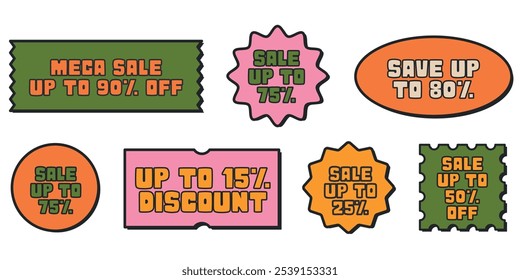 Sale tag displaying "15% off" with options for discounts up to "90%," in a ticket design style