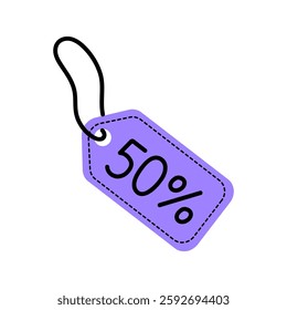 Sale tag displaying 50 percent off discount for retail promotion of various products and services