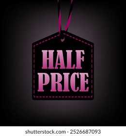 Sale tag with half price offer in pink on black background