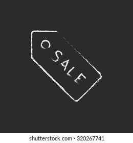 Sale tag hand drawn in chalk on a blackboard vector white icon isolated on a black background.