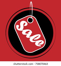 Sale tag. Hand written lettering with red background. Vector illustration