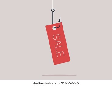 A sale tag hanging on a hook, online scam, a suspicious commercial offer