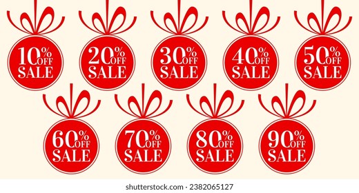 Sale tag, label, icon set. 10, 20, 30, 40, 50, 60, 70, 80, 90 percent price off ball with bow and ribbon. Christmas holiday discount banner. Xmas promotion card design elements. Vector illustration.