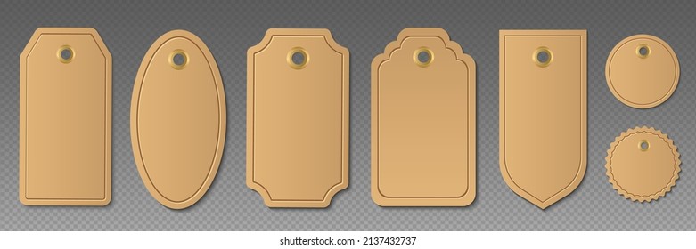 Sale tag labels vector set template. Brown cardboard  tags for discount retail. Paper labels with frame isolated on transparent background