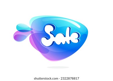 Sale tag lettering made of spring water and dew drops. Environment friendly initial. Pure eco emblem in overlapping watercolor style. 3D icon in round triangle arrow shape. Vector play button.