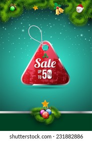 Sale tag on christmas background. Vector illustration.