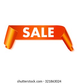 Sale tag on orange curved paper banner isolated on white background. Vector illustration.