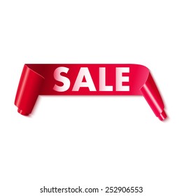 Sale tag on red ribbon. Vector illustration.