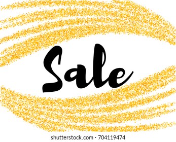 Sale tag on vector background with gold color circles. Curve lines of multiple colorful round confetti on white. Abstract striped pattern, geometric shapes scatter, stylish sale banner.