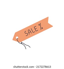 Sale tag, paper badge tab with loop and cord rope. Craft carton card with abstract percentage. Brown promotion cardboard label. Flat vector illustration isolated on white background