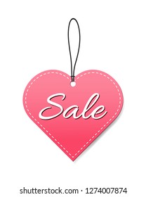 Sale tag pink heart banner design with hanging and shadow ,badge vector for you business advertisement isolated on white background.