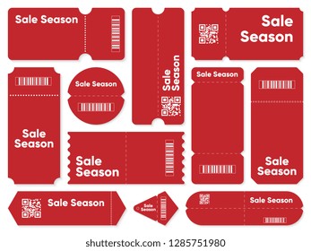 Sale tag. Red sale season set of vector tag barcodes with QR code. Minimal sale banner template in red color. Blank coupon card for discount offer midseason sale