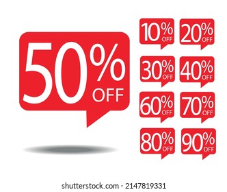 Sale tag red shape speech bubble with different discount set. 10, 20, 25, 30, 35, 40, 50, 60, 70, 80 and 90 percent price release label banner tag vector illustration isolated on white.