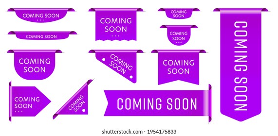 Sale tag ribbon coming soon promotion announcement set. Purple realistic three-dimensional badge tape label advertising new product arrival vector illustration isolated on white background