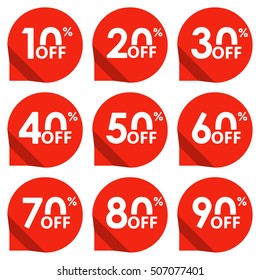 Sale tag set. 10,20,30,40,50,60,70,80,90 percent off. Price off and discount tag design elements. Vector illustration.