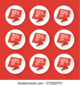 Sale tag set - red flat vector in white circles with different discount offers