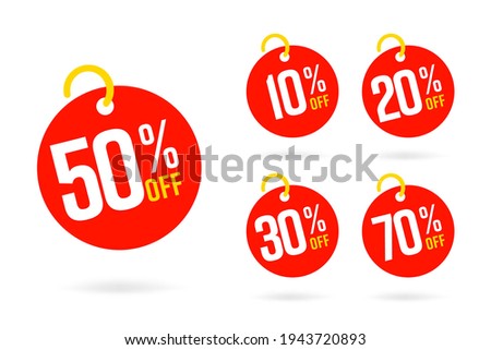 Sale tag set template with 50, 10, 20, 30, 70 percent off. Red round badge, label, sticker hanging on ring for retail product offering special price clearance vector illustration isolated on white