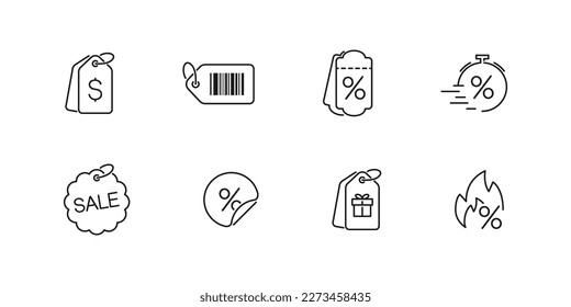 Sale tag, shopping price discount vector outline icon collection. Marketing coupon linear symbol set.