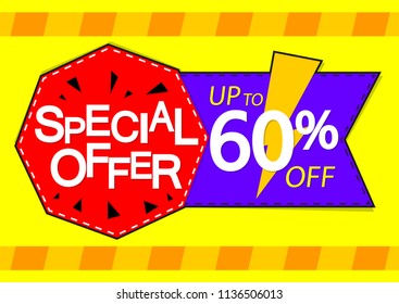 Sale tag, Special Offer, banner design template, up to 60%  off, app icon, vector illustration