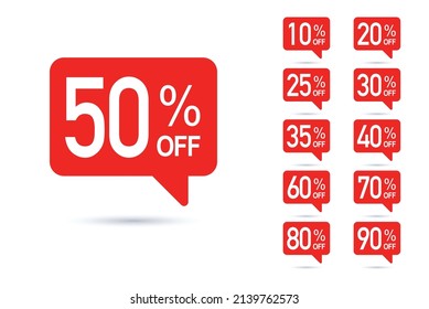 Sale tag speech bubble red shape with different discount set. 10, 20, 25, 30, 35, 40, 50, 60, 70, 80 and 90 percent price clearance sticker badge banner label vector illustration isolated. EPS 10.