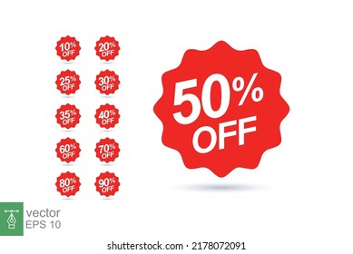 Sale tag speech bubble red shape with different discount set. 10, 20, 25, 30, 35, 40, 50, 60, 70, 80 and 90 percent price clearance sticker badge banner label vector illustration isolated. EPS 10.