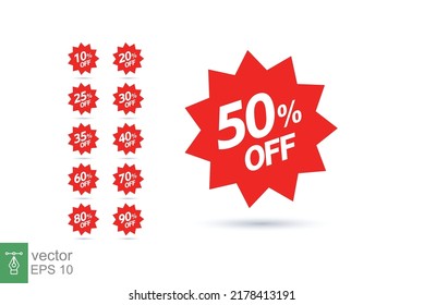 Sale tag speech bubble red shape with different discount set. 10, 20, 25, 30, 35, 40, 50, 60, 70, 80 and 90 percent price clearance sticker badge banner label vector illustration isolated. EPS 10.