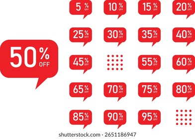Sale tag speech bubble red shape with different discount set, red discount labels, sticker badge banner label vector illustration