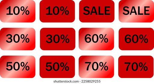 Sale tag speech red shaped rectangle with different set of discounts. 10, 30, 50, 60, 70 percent off Sale sticker icon banner label vector illustration isolated on white background. Sale and discount 