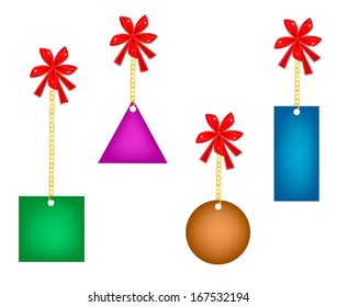 Sale Tag of Square Shape, Round Shape, Oval Shape and Triangle Shape Holding on A Golden Chain and Red Ribbon with Copy Space for Text Decorated. 