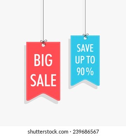 Sale tag, sticker and label with hanging style on shiny silver background.