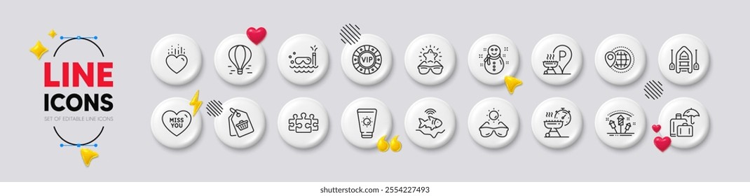 Sale tag, Sunglasses and World travel line icons. White buttons 3d icons. Pack of Sunscreen, Snowman, Vip chip icon. Luggage insurance, Fireworks rocket, Heart pictogram. Vector