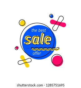 Sale tag template. Bright trendy banner with geometric figures and the best sale offer writing
