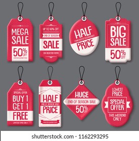 Sale tag templates vector set. Red paper price tags with big sale and discount text in different shapes for end of season store marketing promotions. Vector illustration.
