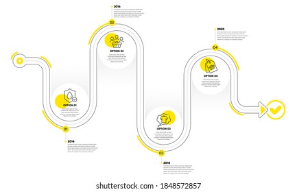 Sale tag, T-shirt and Buyers line icons set. Timeline plan infograph. Waterproof sign. Shopping cart, Laundry shirt, Shopping customers. Water resistant. Fashion set. Vector