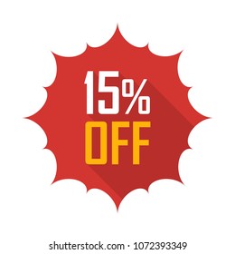 Sale tag vector badge template, 15 off sale label symbol, 15% discount promotion flat icon with long shadow, twenty clearance sale sticker emblem, bargain red sign rosette design isolated on white
