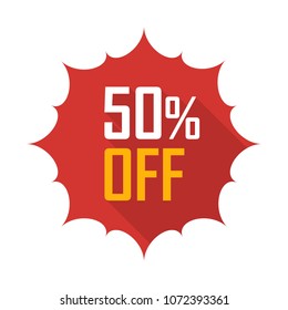 Sale tag vector badge template, 50 off sale label symbol, 50% discount promotion flat icon with long shadow, twenty clearance sale sticker emblem, bargain red sign rosette design isolated on white