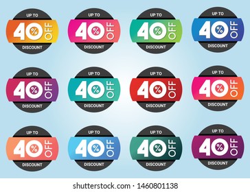 Sale tag vector badge template, 40 percent off sale label symbol, 40 discount promotion. Set of 12 beautiful color gradients.