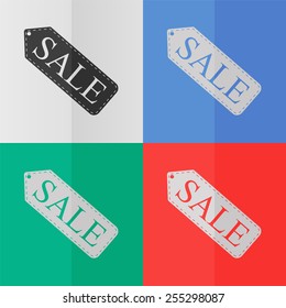 Sale tag vector icon. Effect of folded paper. Colored (red, blue, green) illustrations. Flat design