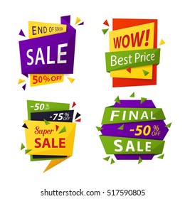 Sale tag or vector sale labels for price discount. Promotion offer or special advertisement sticker for retail, trading badges, sell price label, clearance sale promo for shop and store, supermarket