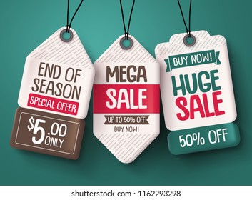 Sale tag vector set. Paper price tags with discount sale text hanging in a background for end of season shopping promotions. Vector illustration.
