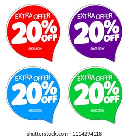 Sale tags 20% off, set speech bubble banners design template, extra offer, app icons, vector illustration