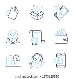 Sale Tags, Accepted Payment And Loyalty Program Line Icons Set. Diploma Certificate, Save Planet, Group Of People. Phone Payment, Decreasing Graph And Debit Card Signs. Vector