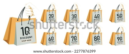 Sale Tags Bags set up to 10%, 20%, 30%, 40%, 50%, 60%, 70%, 80%, 90% Discount. vector badges template. Sale offer price sign. Special offer symbol. Discount promotion. Discount badge shape.