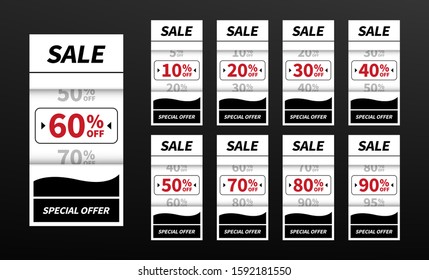 Sale tags banners. Concept design elements for use in advertising, web, print design and marketing. Trendy discount banners or badges template, up to 10, 20, 30, 40, 50, 60, 70, 80, 90 percent off.