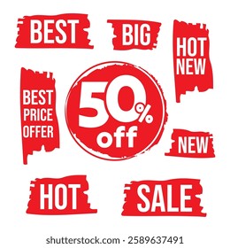 Sale tags for black Friday event special offer. Discount label and sticker collection with red color brush strokes vector illustration. Big hot new sale banner, template, poster.