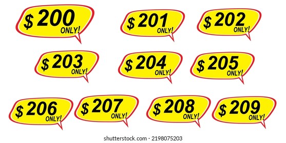 Sale tags collection from 200% to 209%, two hundred to two hundred and nine only, vector illustration.