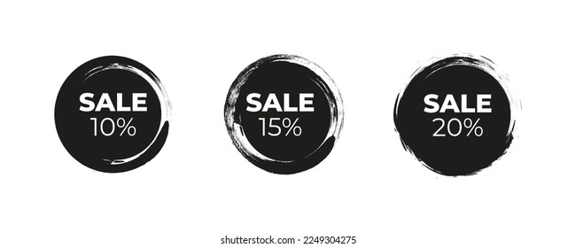 Sale tags . Collection of  black grunge banners on white background. Big sale icon , vector design . 10% .15 % 20% 10 eps 
