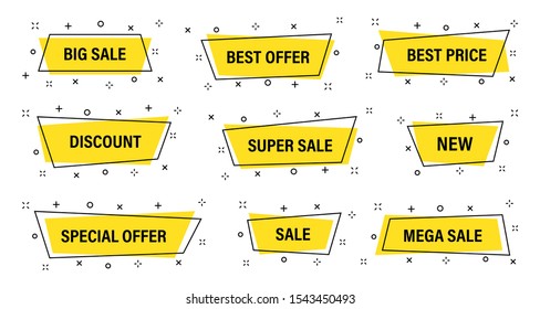 Sale tags collection. Geometric abstract design. Special offer, big sale, discount, best price, mega sale banner set. Shop or online shopping. Sticker, badge, coupon store Vector Illustration.