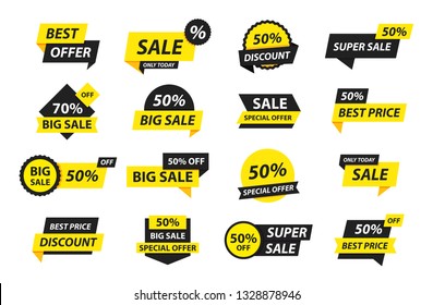 Sale tags collection. Special offer, big sale, discount, best price, mega sale banner set. Shop or online shopping. Sticker, badge, coupon store Vector Illustration