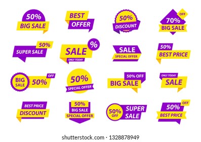 Sale tags collection. Special offer, big sale, discount, best price, mega sale banner set. Shop or online shopping. Sticker, badge, coupon store Vector Illustration